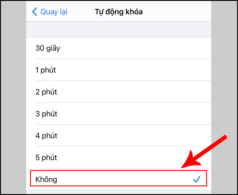 Chọn Không để tắt tự động khóa màn hình trên iPhone